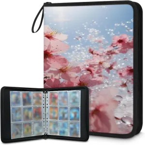 Pink Cherry Blossom 3 Ring Trading Zipper Binder Strap, Trading Card Binder 9 Pocket, 900 Pockets Card Holder with 50 Removable Sleeves for Game Cards