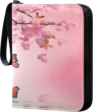 Pink Flowers and Butterflies Card Binder 4 Pocket Collectible Trading Card Albums with 50 Sleeves Double Side PU Waterproof 3 Ring for Sports & Game Cards