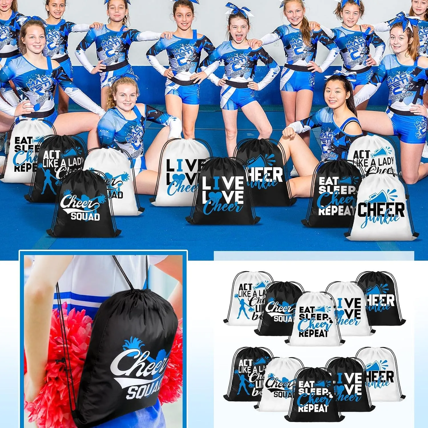Pinkunn 20 Pcs Cheer Drawstring Backpack Cheerleading Drawstring Gym Bag Cheerleader Gifts Cheer Accessories for Cheerleaders (Blue)