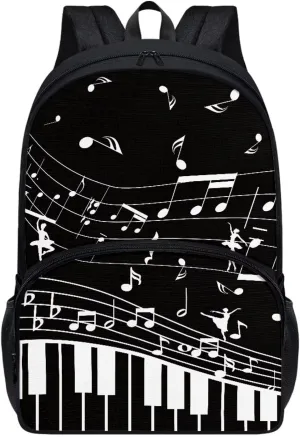PinUp Angel Black White Musical Notations Print Cute Backpacks for Girls Boys School Bag, Casual Simple School Backpacks for Kids Water-resistant Bookbags