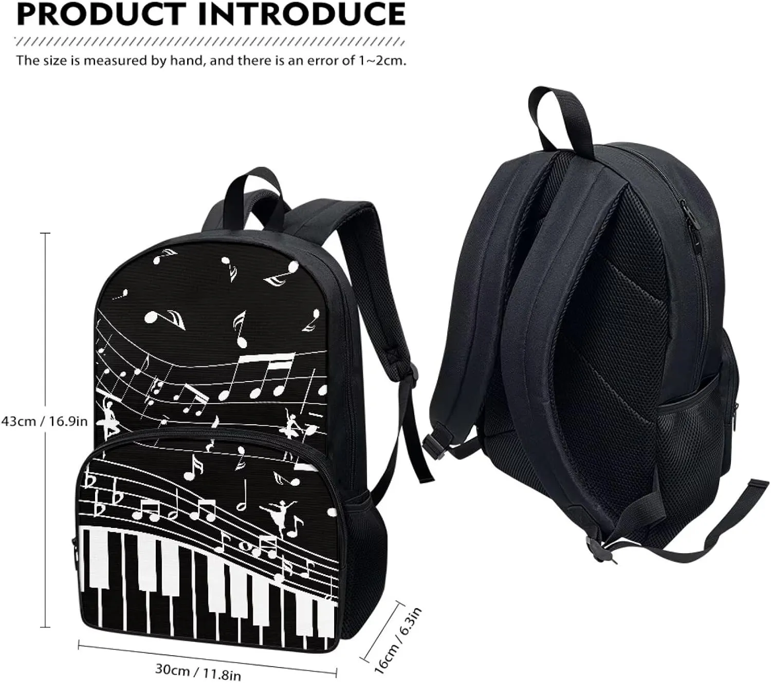 PinUp Angel Black White Musical Notations Print Cute Backpacks for Girls Boys School Bag, Casual Simple School Backpacks for Kids Water-resistant Bookbags
