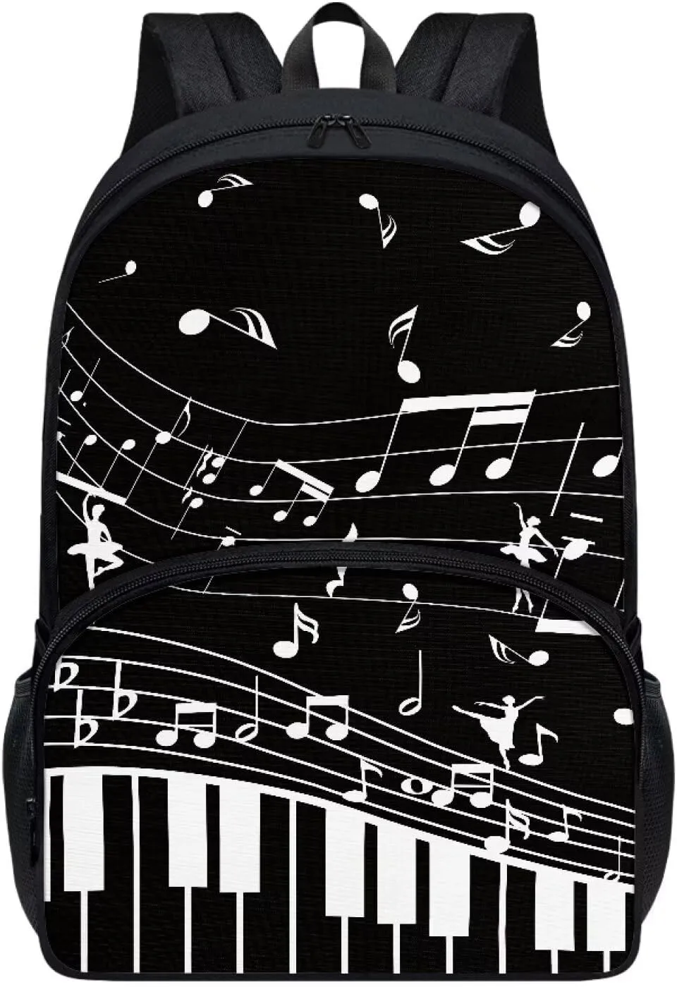 PinUp Angel Black White Musical Notations Print Cute Backpacks for Girls Boys School Bag, Casual Simple School Backpacks for Kids Water-resistant Bookbags