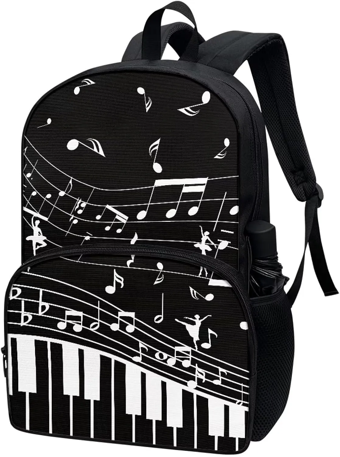 PinUp Angel Black White Musical Notations Print Cute Backpacks for Girls Boys School Bag, Casual Simple School Backpacks for Kids Water-resistant Bookbags