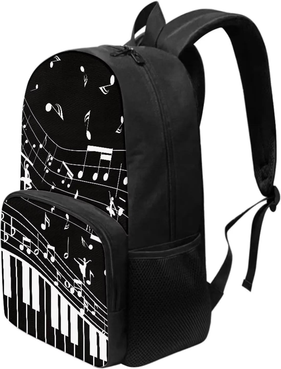PinUp Angel Black White Musical Notations Print Cute Backpacks for Girls Boys School Bag, Casual Simple School Backpacks for Kids Water-resistant Bookbags