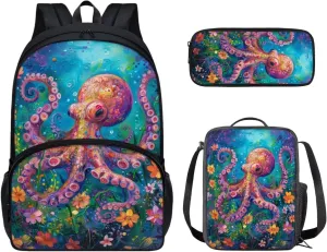 PinUp Angel Cartoon Octopus Print Kids Backpack with Lunch Bag Pencil Bag for Kids Cute Art Oil Painting Animal Patterned Backpacks Elementary Bookbag School Bag