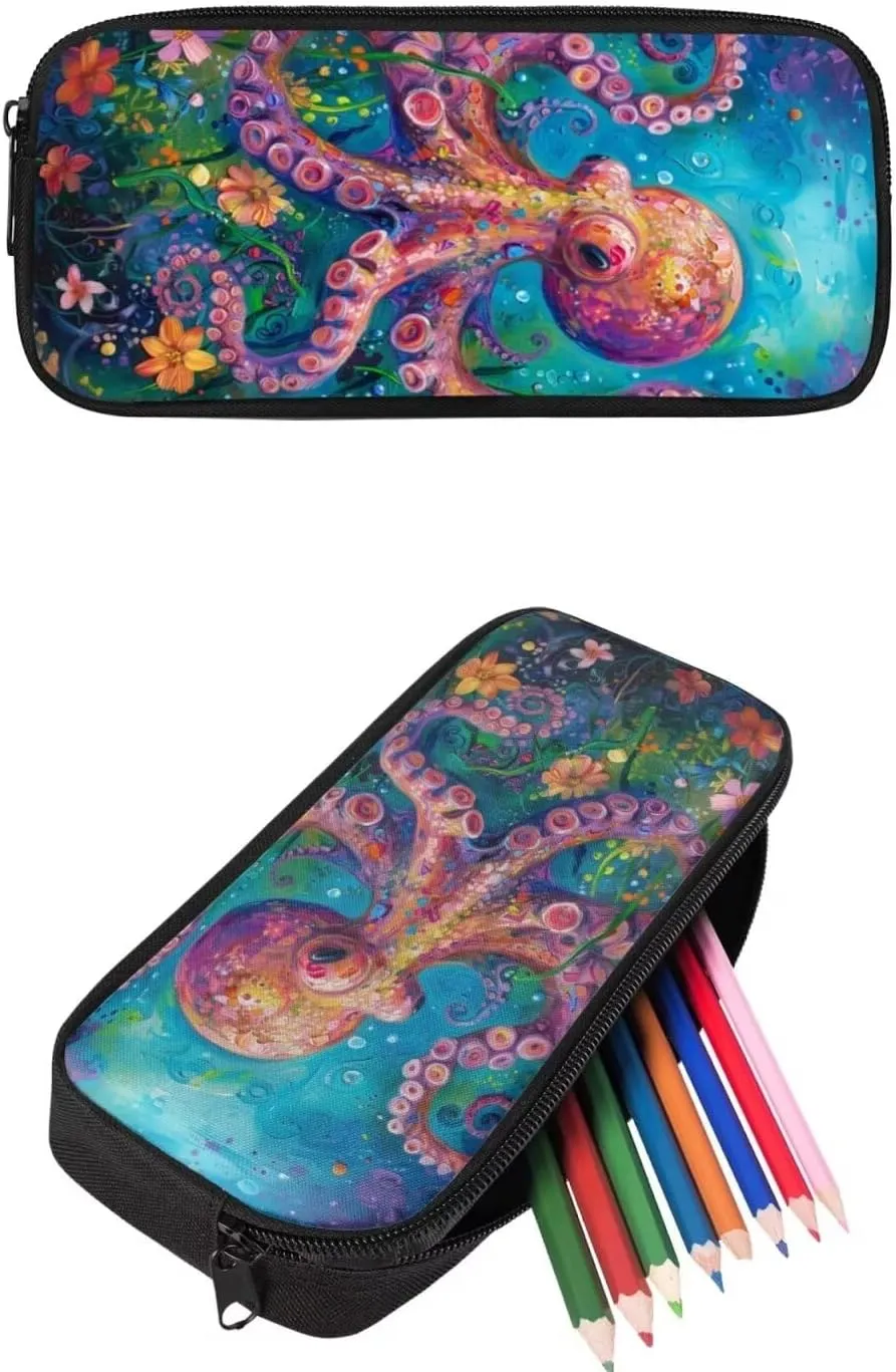 PinUp Angel Cartoon Octopus Print Kids Backpack with Lunch Bag Pencil Bag for Kids Cute Art Oil Painting Animal Patterned Backpacks Elementary Bookbag School Bag