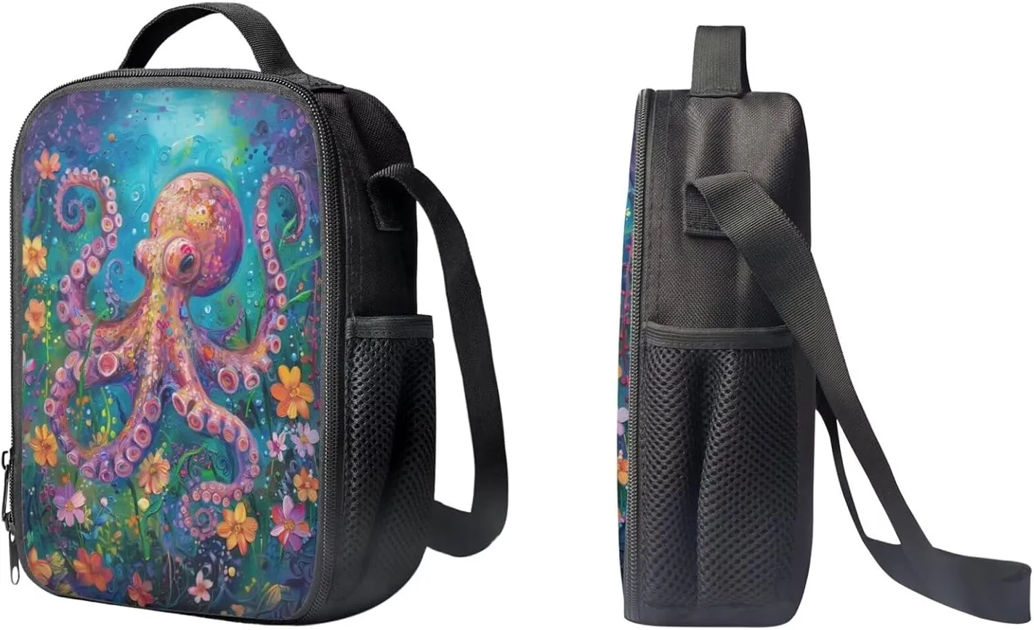 PinUp Angel Cartoon Octopus Print Kids Backpack with Lunch Bag Pencil Bag for Kids Cute Art Oil Painting Animal Patterned Backpacks Elementary Bookbag School Bag