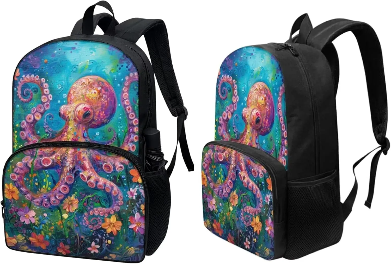 PinUp Angel Cartoon Octopus Print Kids Backpack with Lunch Bag Pencil Bag for Kids Cute Art Oil Painting Animal Patterned Backpacks Elementary Bookbag School Bag