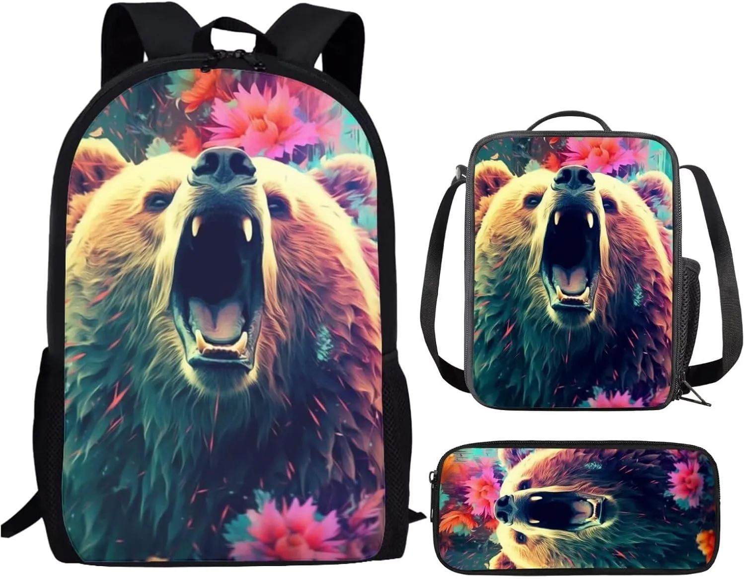 PinUp Angel Cool Bear Backpack For Kids School Bag With Lunch Bag and Pencil Bag, Cool Magical Animal Bag For Children Boys and Girls Bookbag
