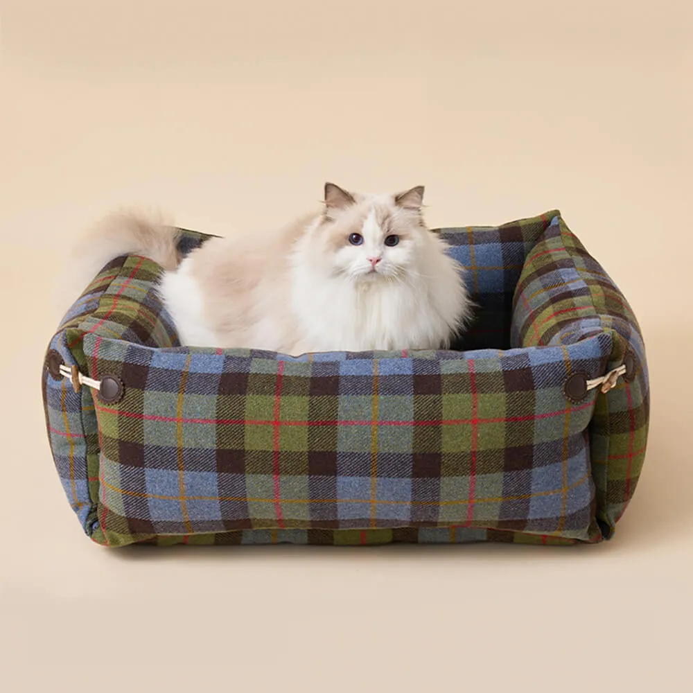 Plaid Expandable Soft Reversible With Horn Button Dog & Cat Bed