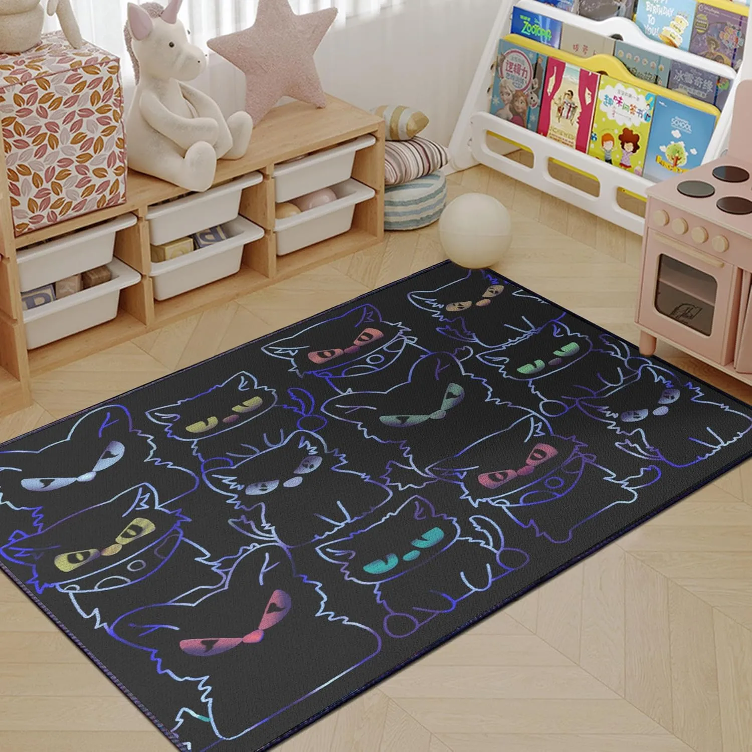 Play Cat Rug for Playroom for Boys Girls 59"x39" Black Funny Cute Cat Decor for Bedroom Living Room Non-Slip Comfy Floor Casual Mat Washable