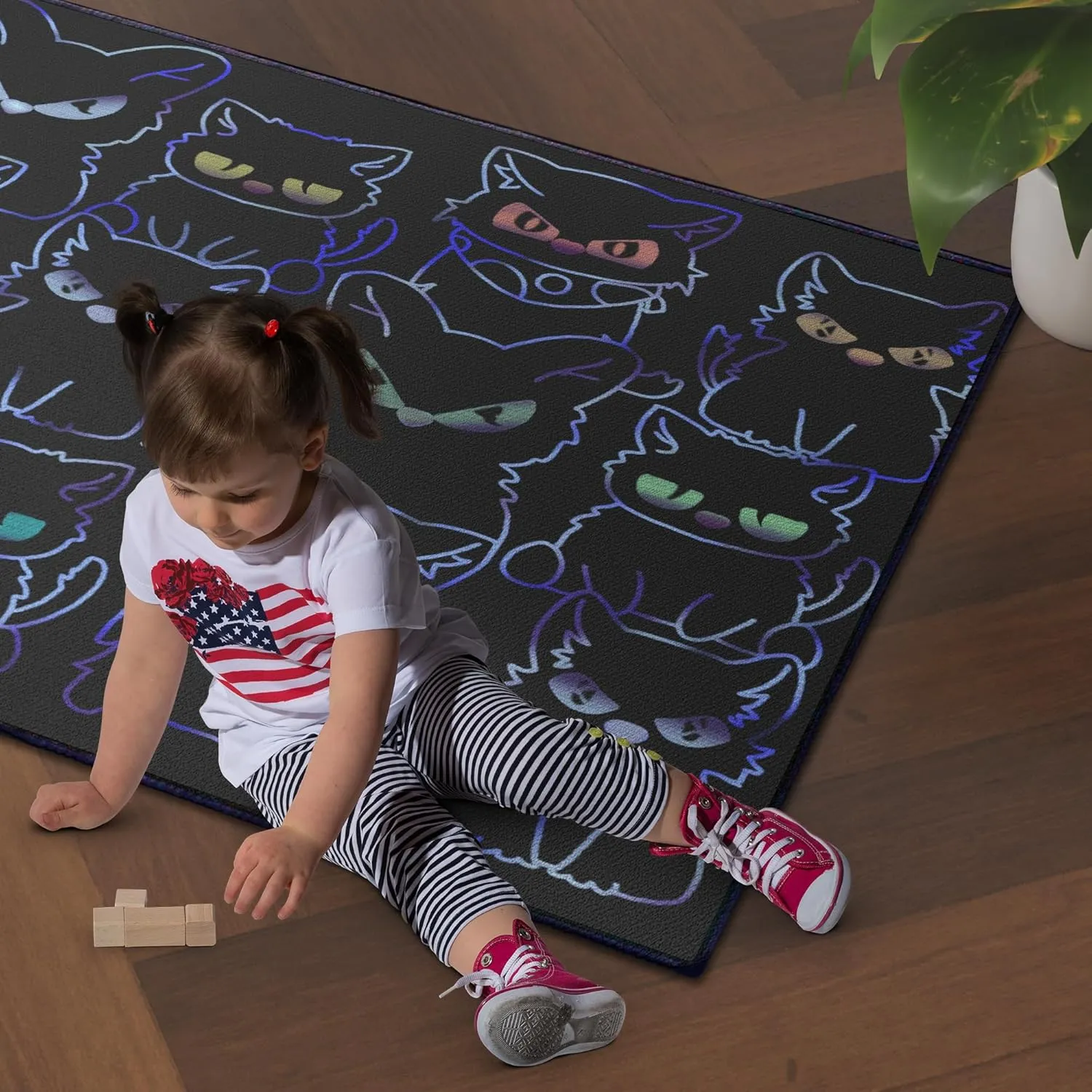 Play Cat Rug for Playroom for Boys Girls 59"x39" Black Funny Cute Cat Decor for Bedroom Living Room Non-Slip Comfy Floor Casual Mat Washable