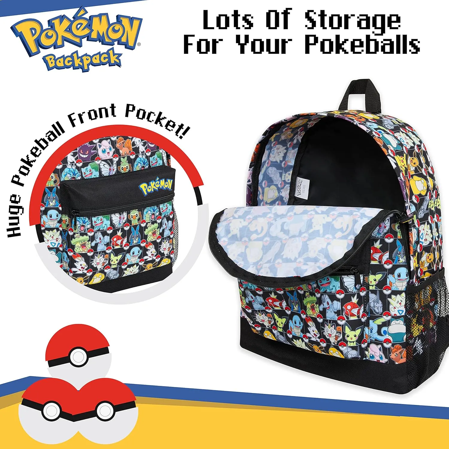 Pokemon Backpack Kids School Bag Boys Girls Teens Pikachu Eevee Pokeball (Multicolor)