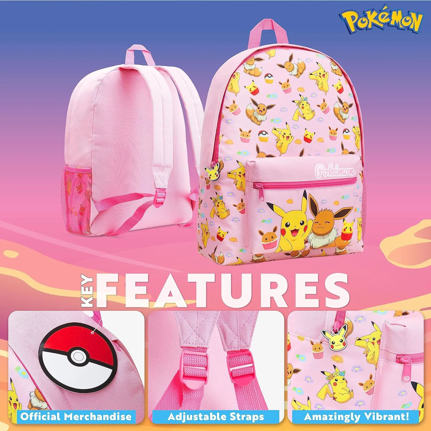 Pokemon Backpack Kids School Bag Boys Girls Teens Pikachu Eevee Pokeball (Pink)