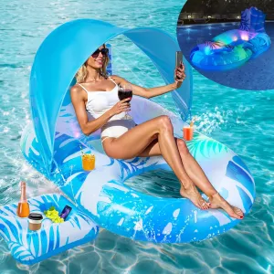 Pool Lounger Float with Canopy UPF50 : LED Light Up Pools Floatie, Inflatable Pool Lounge, Large Tanning Floaties, Water Floats for Adults Kids Swim Toys with Cup Holder & Backrest, Footrest