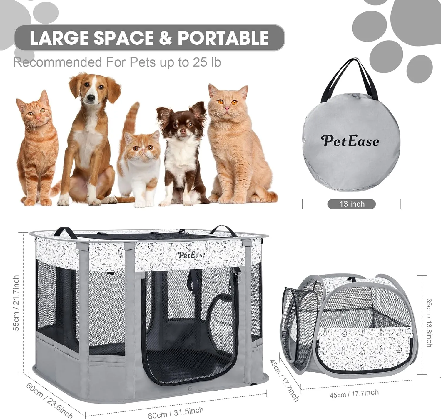 Portable Cat Playpen 2-in-1 Dog Crete, Foldable Pet Cage with Litter Box for Rabbit Puppy Hamster, Indoor/Outdoor Cats Enclosure Cages Tent (Light Gray)