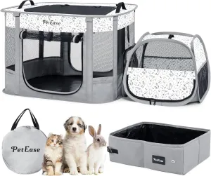 Portable Cat Playpen 2-in-1 Dog Crete, Foldable Pet Cage with Litter Box for Rabbit Puppy Hamster, Indoor/Outdoor Cats Enclosure Cages Tent (Light Gray)