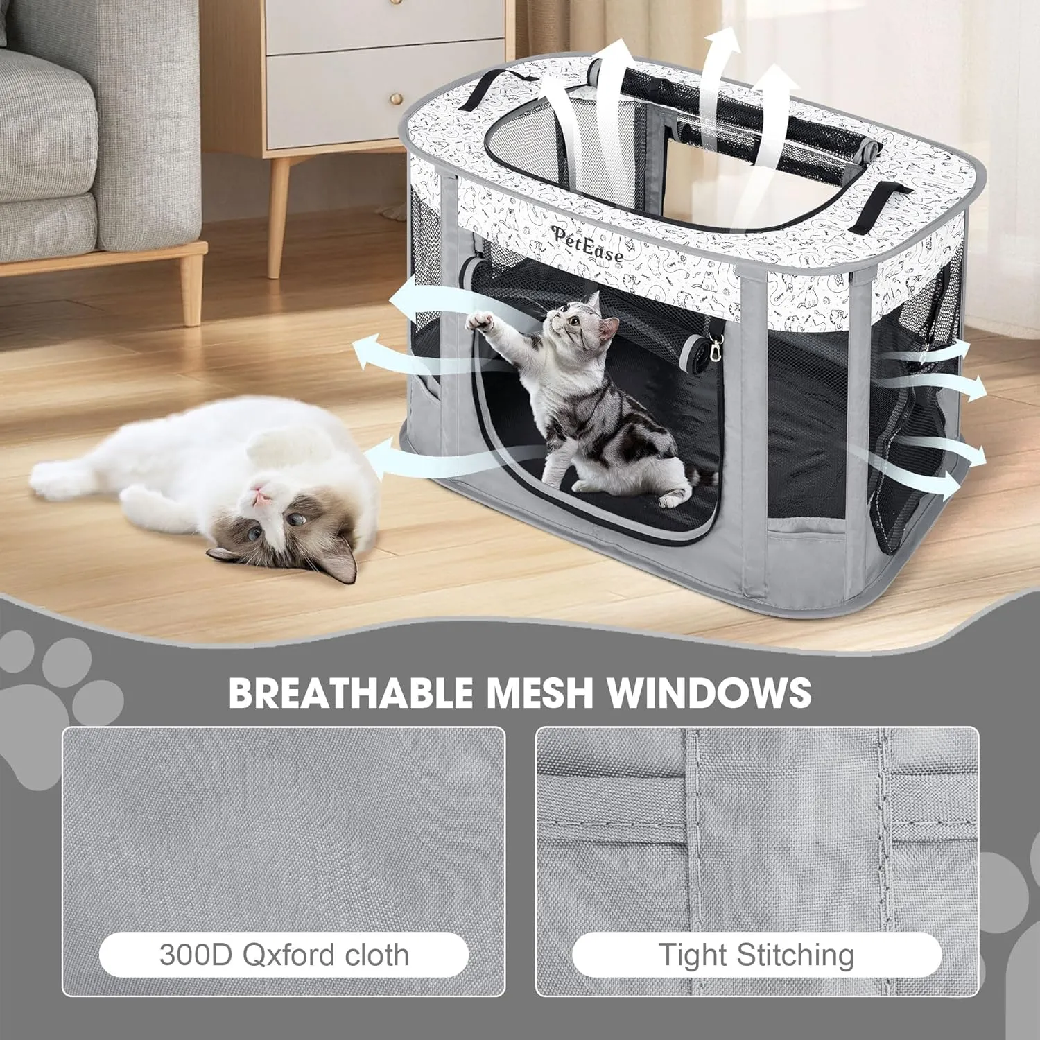 Portable Cat Playpen 2-in-1 Dog Crete, Foldable Pet Cage with Litter Box for Rabbit Puppy Hamster, Indoor/Outdoor Cats Enclosure Cages Tent (Light Gray)