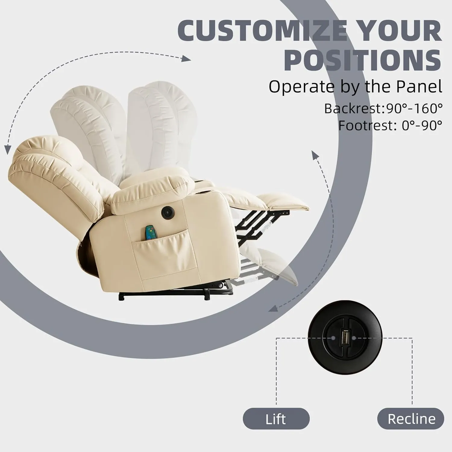 Power Lift Recliner Chair for Elderly, Electric Recliner Chairs for Adults with Massage and Heat, Cup Holders, Remote Control, USB Ports, Side Pockets, Leather (Beige)