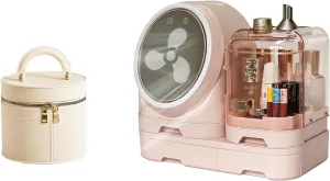 Premium Beauty Storage & Travel Duo: LED Mirror Makeup Organizer with FAN Drawers   TPE Round Toiletry Bag for Skincare, Cosmetics & Essentials