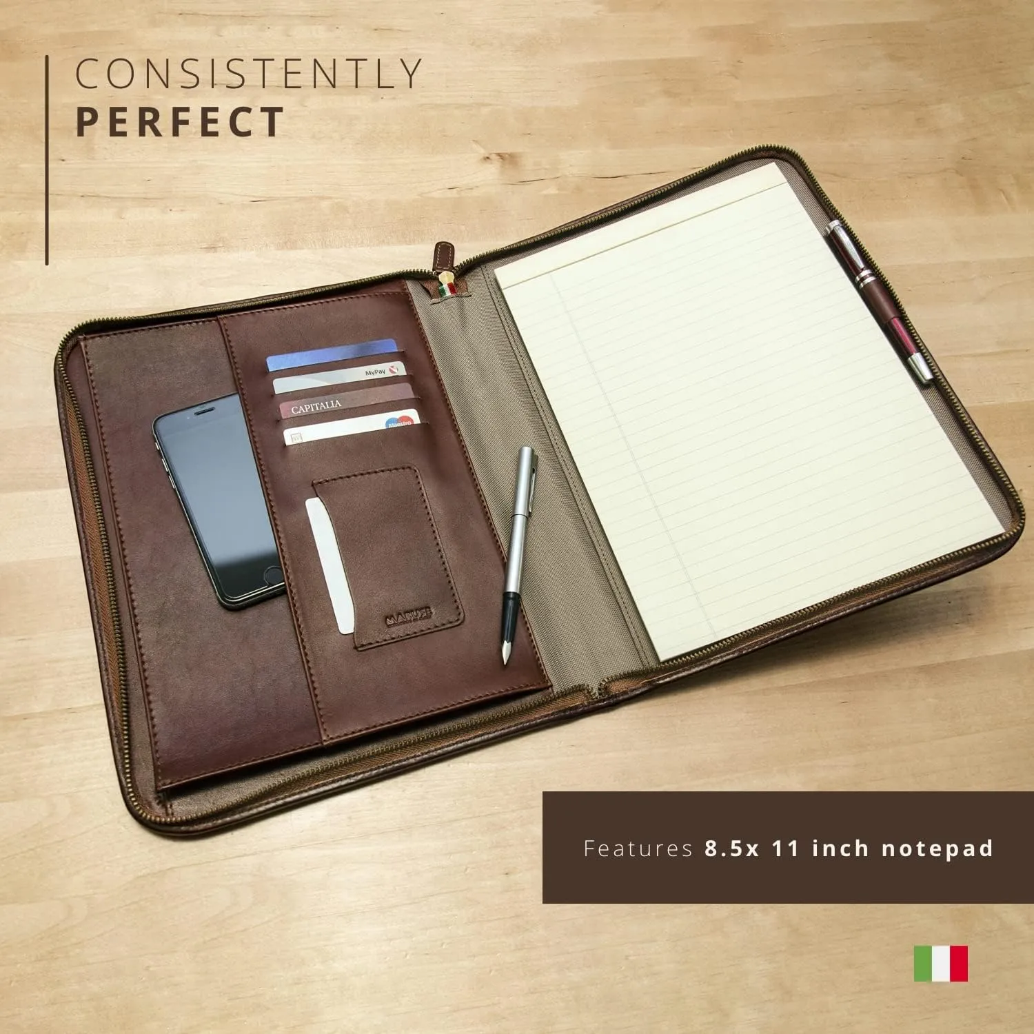 Premium Maruse Leather Portfolio Padfolio - Executive Folio for Men and Women with Zipper, Folio Document Organizer, Laptop Sleeve, iPad Case and Folder - Made in Italy, Brown