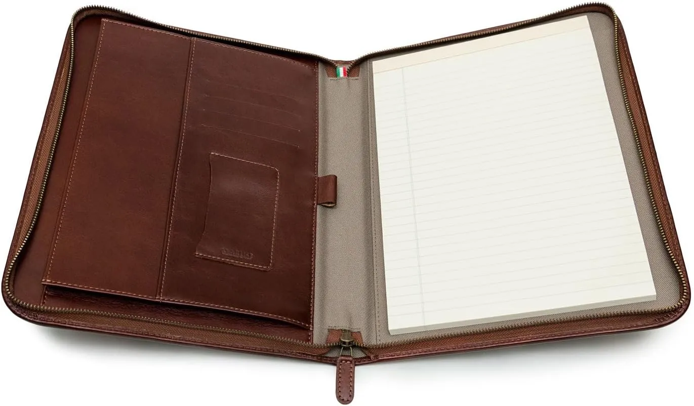Premium Maruse Leather Portfolio Padfolio - Executive Folio for Men and Women with Zipper, Folio Document Organizer, Laptop Sleeve, iPad Case and Folder - Made in Italy, Brown