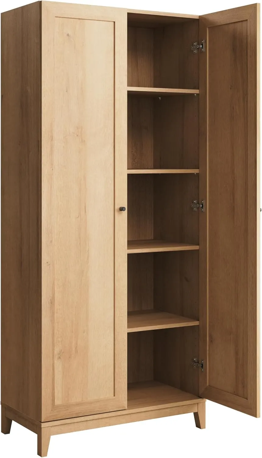 Prepac Yaletown 72" Tall Storage Cabinet with Wood Legs, Pantry Cabinet with 3 Adjustable Shelves, Bathroom, Kitchen and Home Organization in Natural Oak, 16" D x 32" W x 72" H
