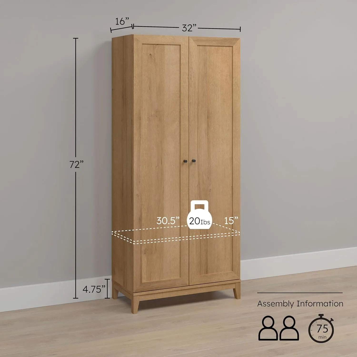 Prepac Yaletown 72" Tall Storage Cabinet with Wood Legs, Pantry Cabinet with 3 Adjustable Shelves, Bathroom, Kitchen and Home Organization in Natural Oak, 16" D x 32" W x 72" H
