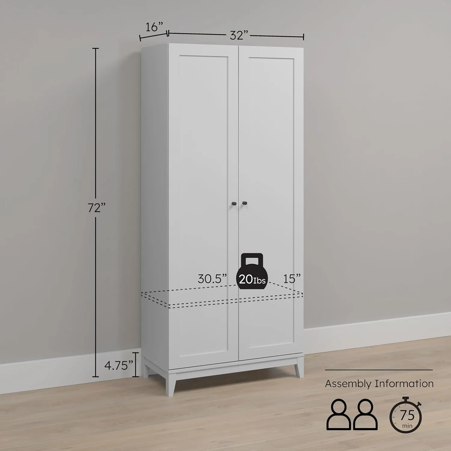 Prepac Yaletown 72" Tall Storage Cabinet with Wood Legs, Pantry Cabinet with 3 Adjustable Shelves, Bathroom, Kitchen and Home Organization in White, 16" D x 32" W x 72" H