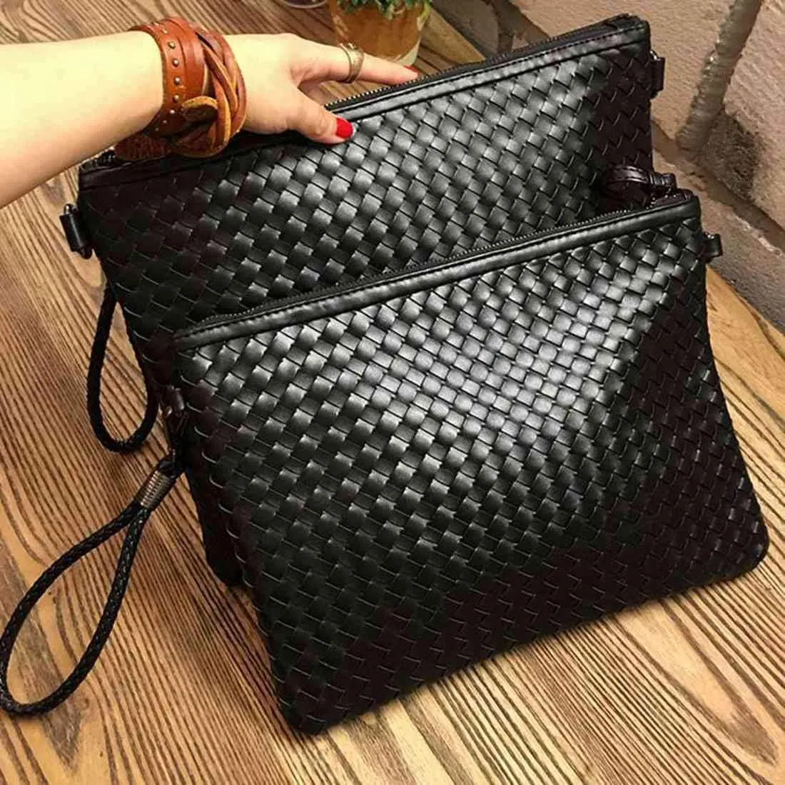 PU Leather Clutch Handbag Men Women Zipper Wallet Large Capacity Clutch Bag Document Bag Detachable Wristlet