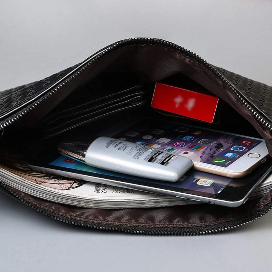 PU Leather Clutch Handbag Men Women Zipper Wallet Large Capacity Clutch Bag Document Bag Detachable Wristlet