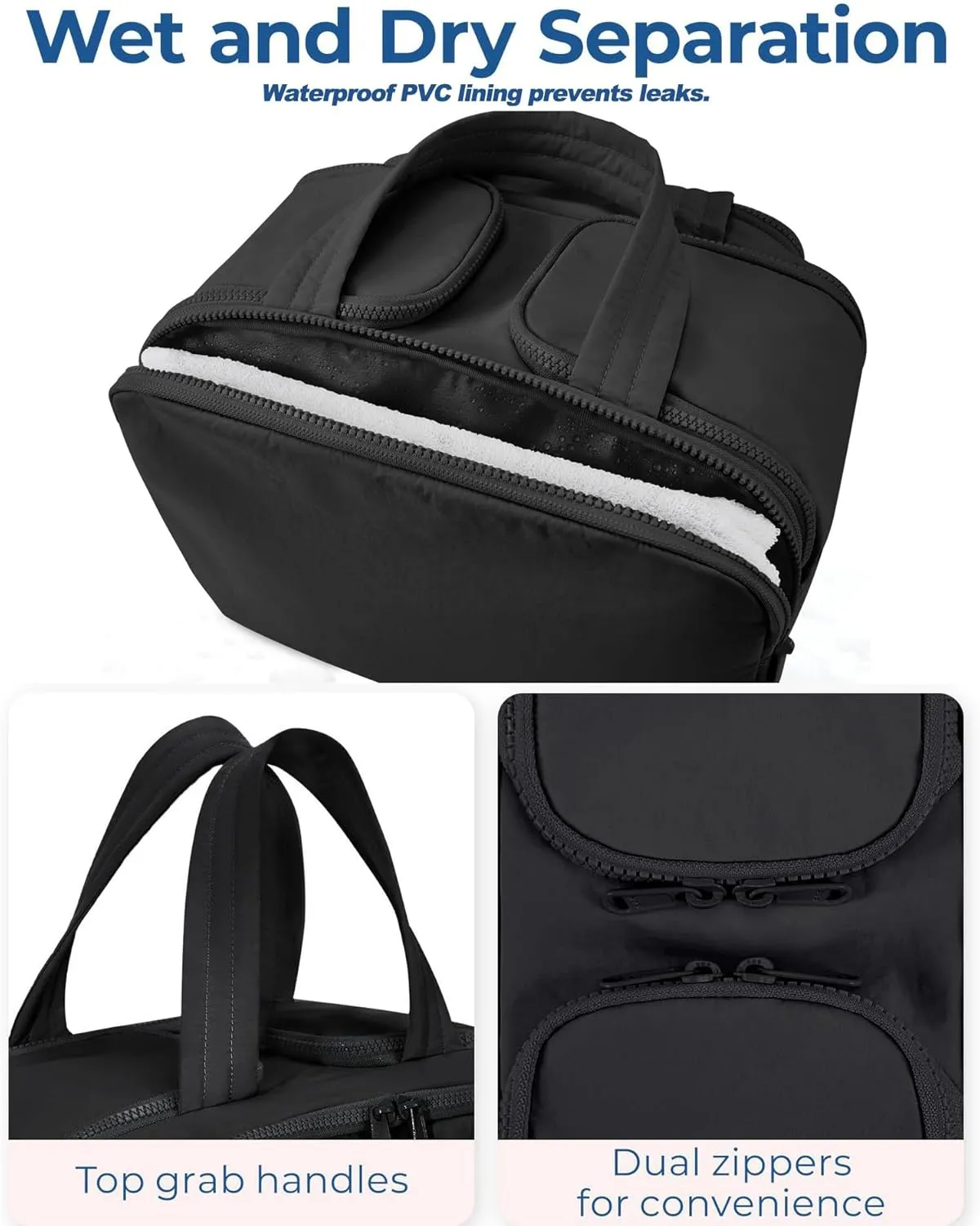 Puffy Travel Toiletry Bag for Women,Lightweight Cosmetic Organizer with Wet-Dry Compartments & Handle,Large Makeup Bag for Essentials (Black)