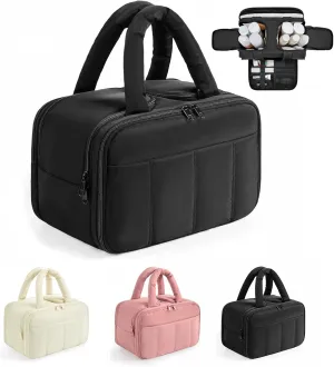 Puffy Travel Toiletry Bag for Women,Lightweight Cosmetic Organizer with Wet-Dry Compartments & Handle,Large Makeup Bag for Essentials (Black)