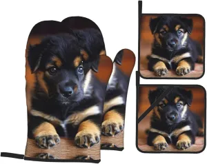 Puppies Dog Print Convenient Oven Mitts Pot Holders Set Duty Heat Resistant Gloves with Quilted Liner