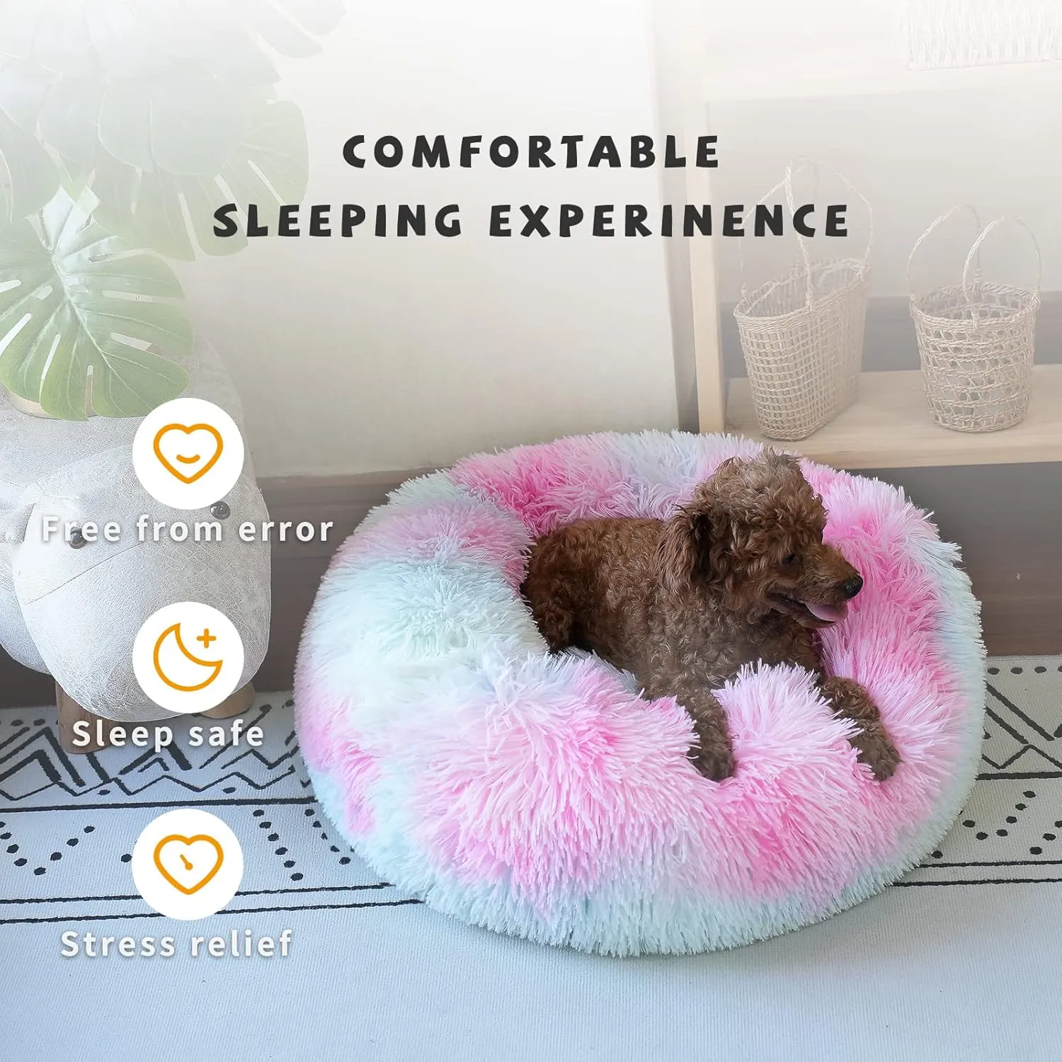 Puppy Bed for Calming Dog 19Inches Peach Anti-Anxiety Donut Dog Bed for Small Dogs Washable Fuzzy Dog Bed Fits up to 15 lbs Pets Beds for Small Dog