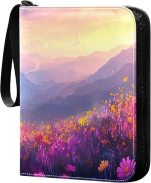 Purple Flowers Card Binder 4 Pocket Collectible Trading Card Albums with 50 Sleeves Double Side PU Waterproof 3 Ring for Sports & Game Cards