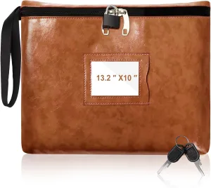 Purple Leather Notary Bag with Lock - 13.2 * 10 Inches, Cash Bag with Zipper and 2 Keys for Document and Passport Storage