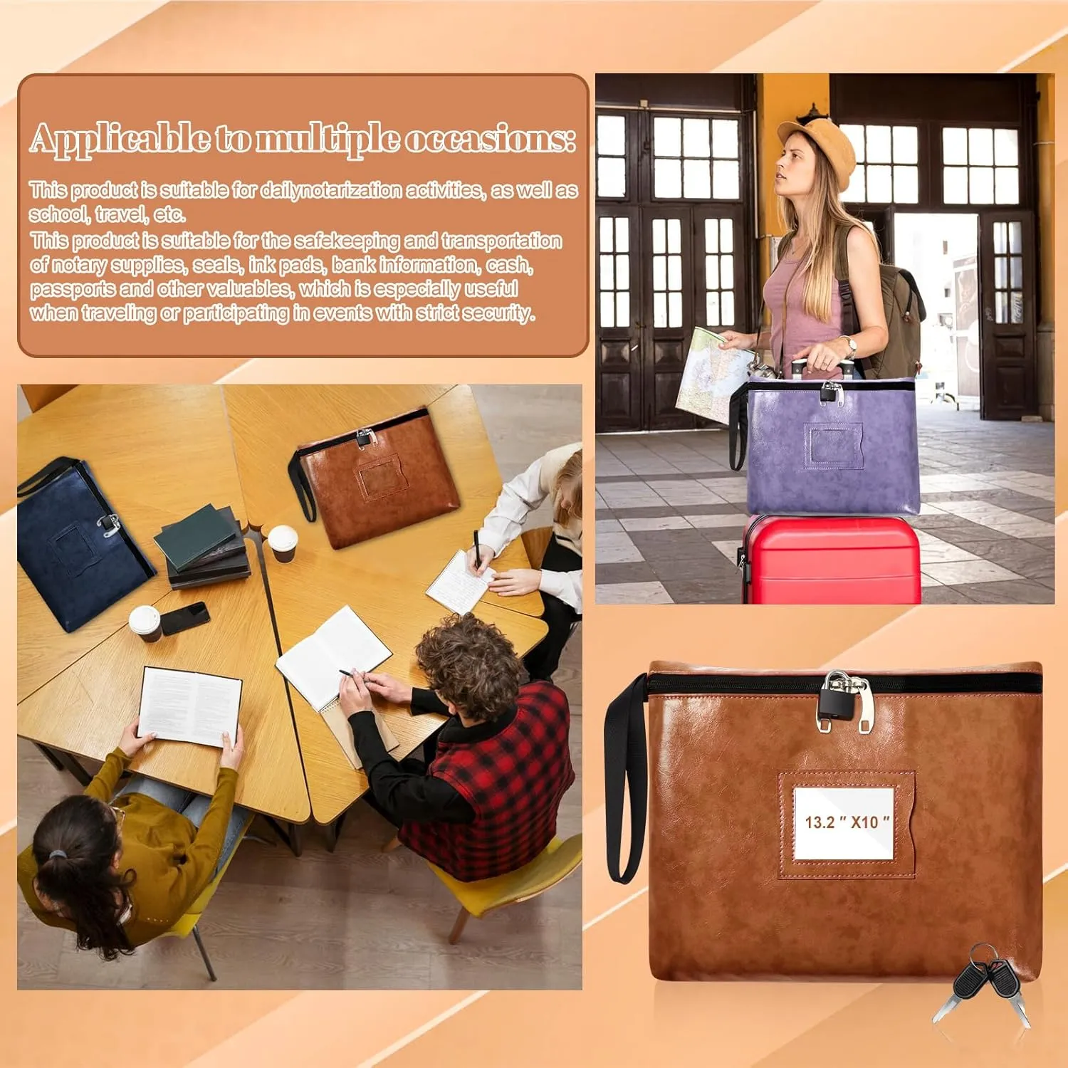 Purple Leather Notary Bag with Lock - 13.2 * 10 Inches, Cash Bag with Zipper and 2 Keys for Document and Passport Storage
