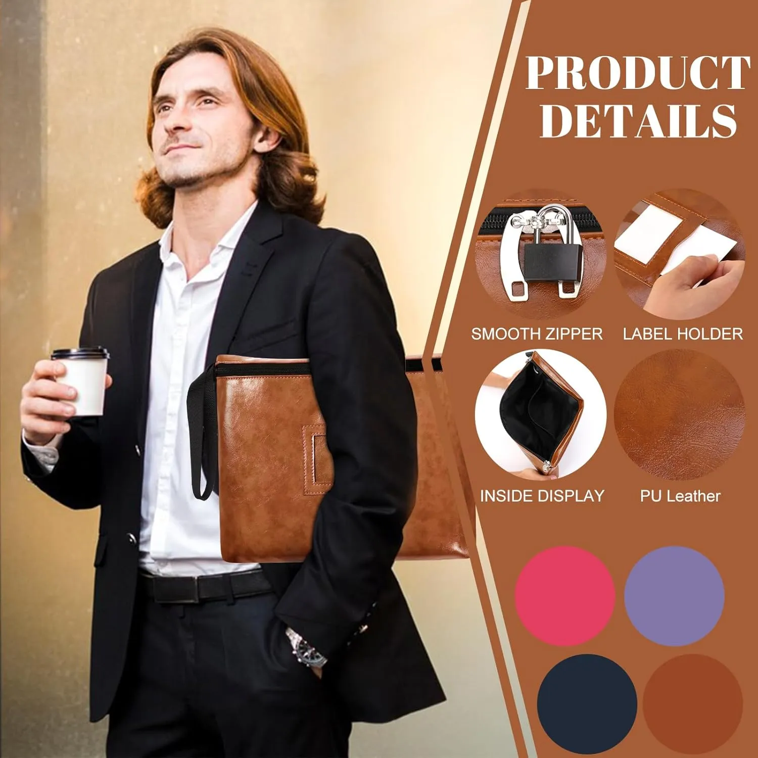 Purple Leather Notary Bag with Lock - 13.2 * 10 Inches, Cash Bag with Zipper and 2 Keys for Document and Passport Storage