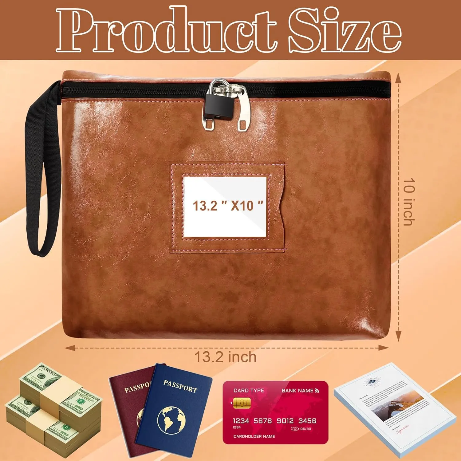 Purple Leather Notary Bag with Lock - 13.2 * 10 Inches, Cash Bag with Zipper and 2 Keys for Document and Passport Storage