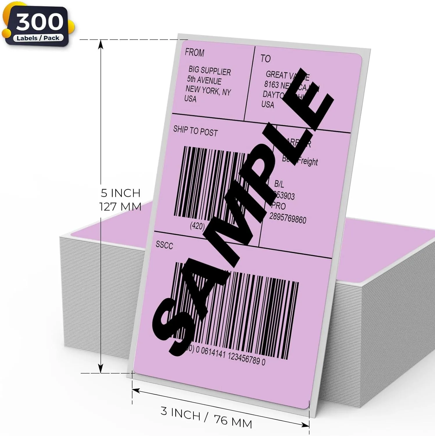 Purple Thermal Labels 3 × 5 Inch Vinyl Self-Adhesive Fanfold Direct Shipping Stickers Waterproof Perforated Printer Decal for Office Warehouse Barcode 300 PCS