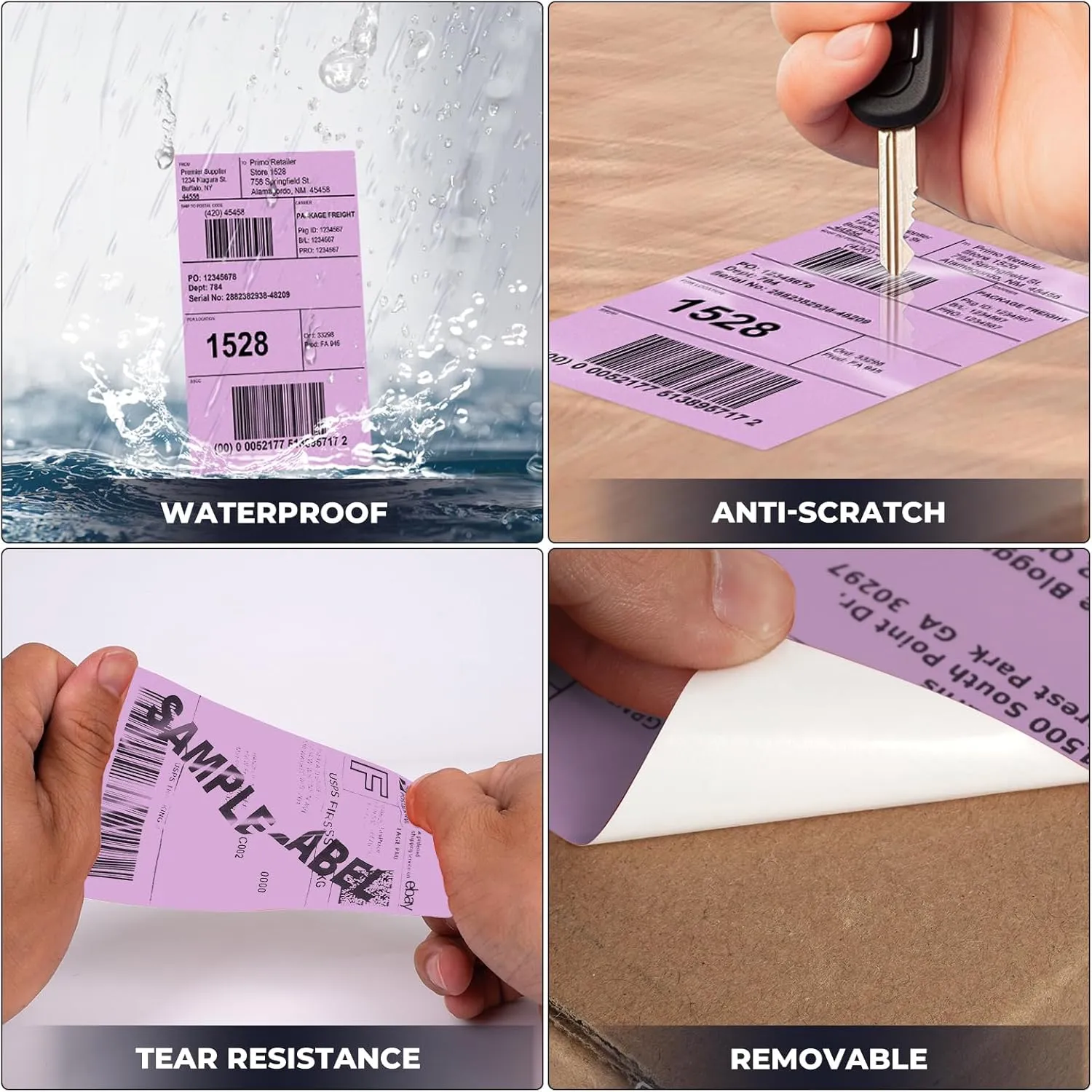 Purple Thermal Labels 3 × 5 Inch Vinyl Self-Adhesive Fanfold Direct Shipping Stickers Waterproof Perforated Printer Decal for Office Warehouse Barcode 300 PCS