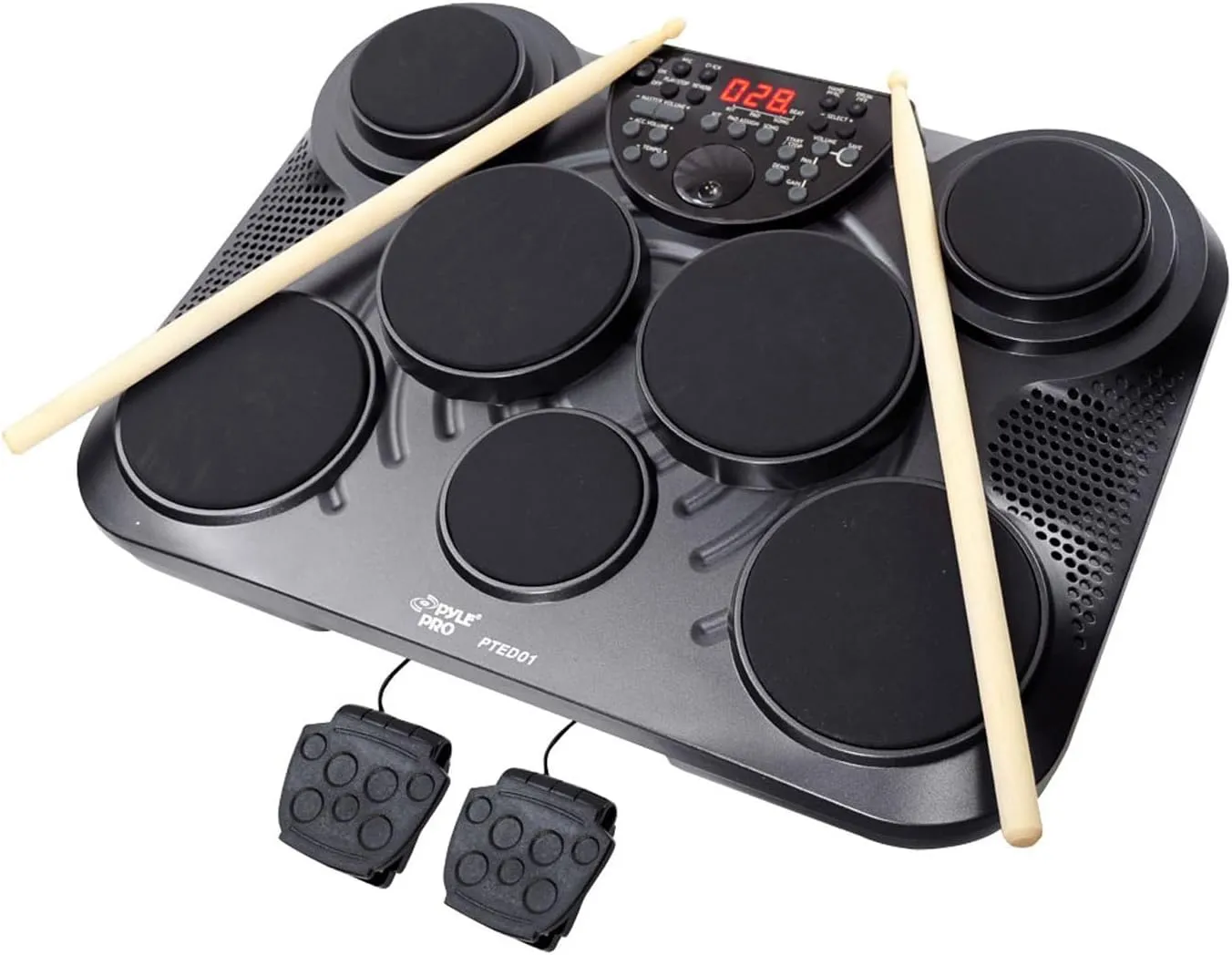 Pyle Portable, Tabletop Drum Set Includes 7 Touch-Sensitive Digital Percussion Pads, 25 Preset Kits-PTED01, Matte Black (215 Sounds)