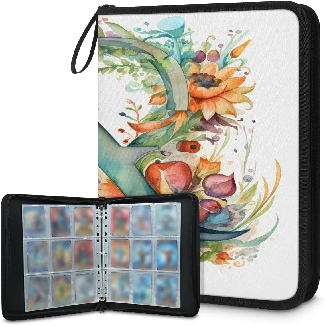R Flower 3 Ring Trading Zipper Binder Strap, Trading Card Binder 4 Pocket, 400 Pockets Card Holder with 50 Removable Sleeves for Game Cards