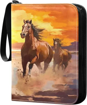 Red Orange Brown Horses Card Binder 4 Pocket Collectible Trading Card Albums with 50 Sleeves Double Side PU Waterproof 3 Ring for Sports & Game Cards