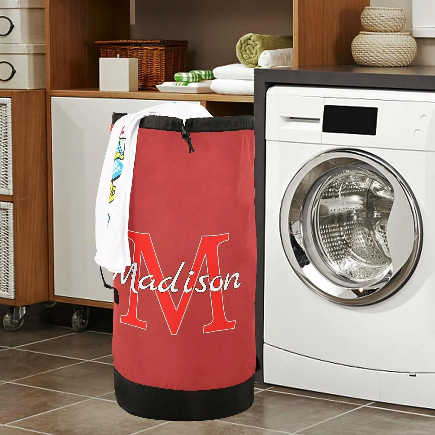 Red Personalized Nylon Travel Laundry Bag for Luggage Custom Dirty Clothes Organizer with Drawstring Closure & Shoulder Straps Dirty Clothes Shoulder Bag for College Dorm Apartment Factories