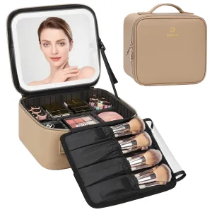 Relavel Makeup Bag with LED Mirror, Professional Makeup Case Travel Portable Cosmetic Organizer Storage Box for Women, Vanity Case with 3 Colors Lighted Mirror, Brown