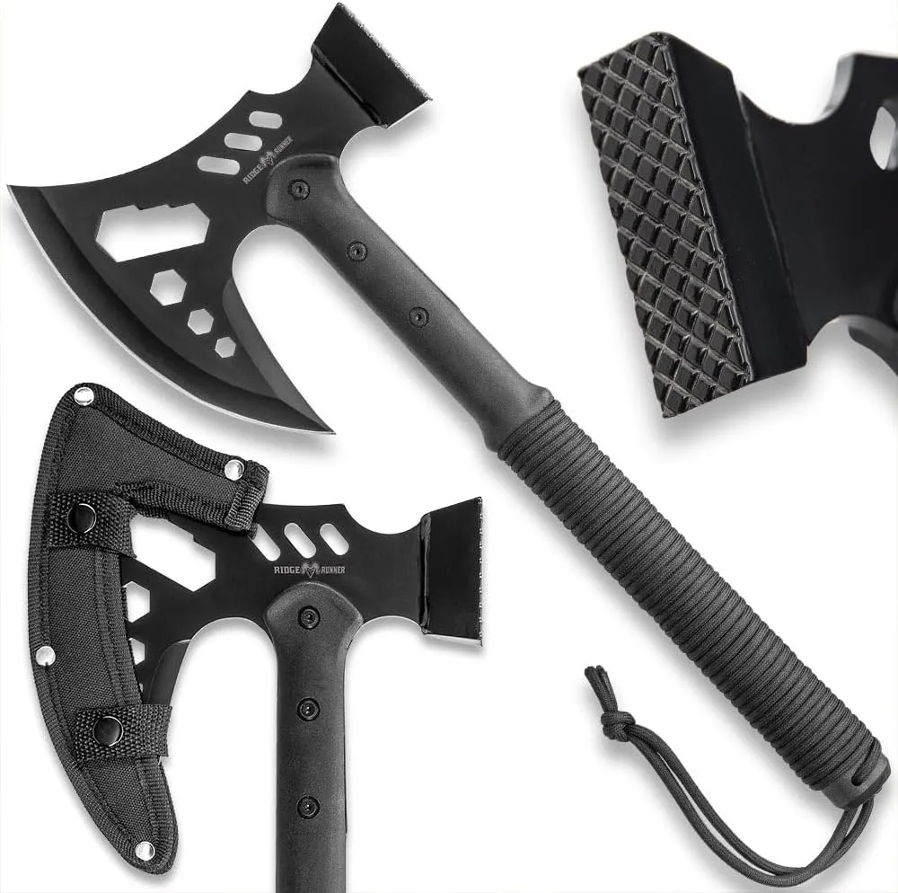 RIDGE RUNNER Tactical Multi-Tool Hammer And Axe with Sheath - Stainless Steel Head, Has Integrated Hex Wrenches, Paracord-Wrapped TPU Handle - Perfect for Survival and Camping Gear - Length 18"