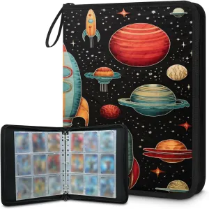 Rocket Ship 3 Ring Trading Zipper Binder Strap, Trading Card Binder 4 Pocket, 400 Pockets Card Holder with 50 Removable Sleeves for Game Cards