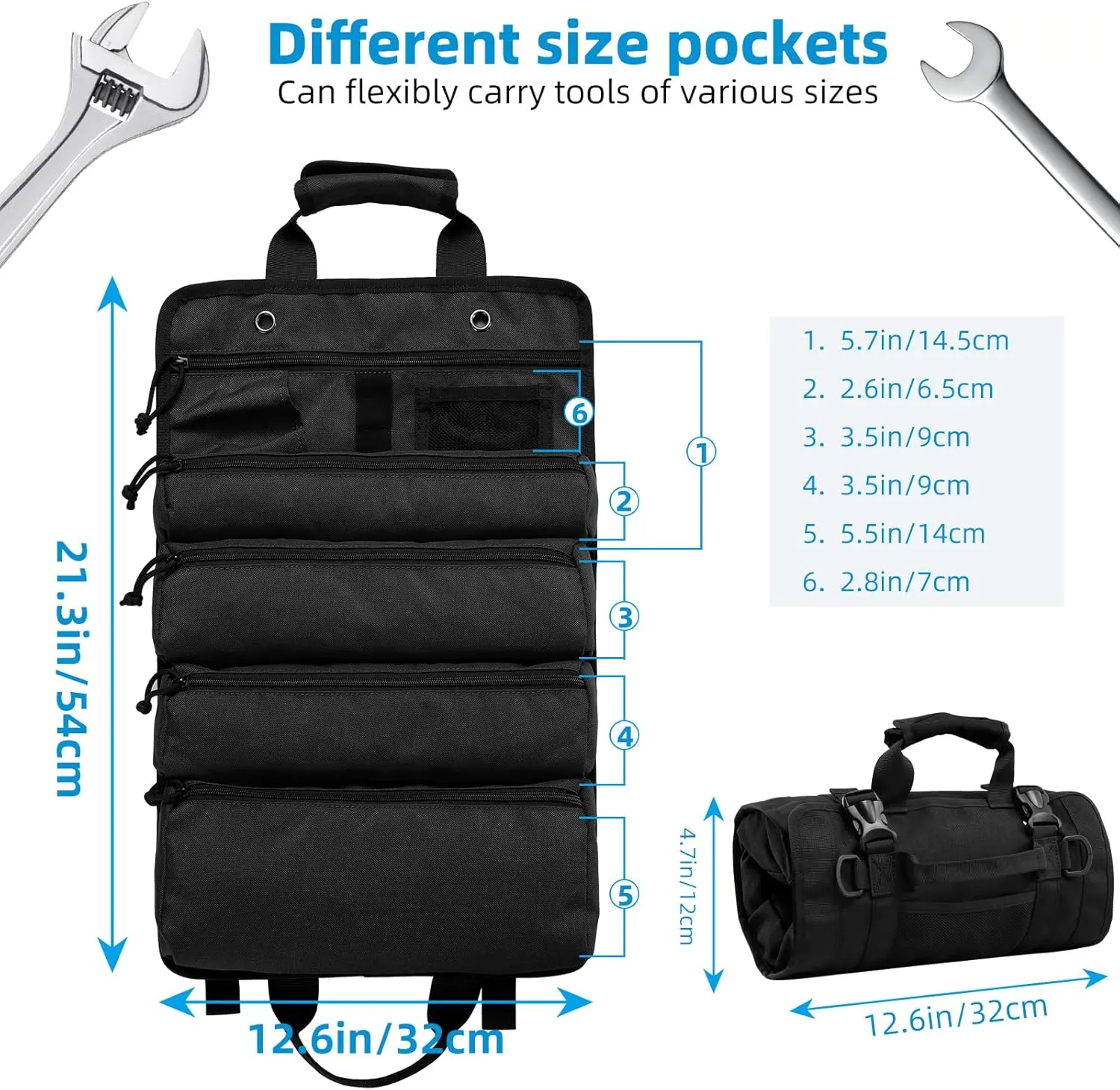 Roll Up Tool Bag, Koolertron 4 Zippers Water Resistant Wrench Tool Organizer, 900D Oxford Cloth Multi Pockets Storage for Mechanic/Electrician, Ideal Gift for Him, Black